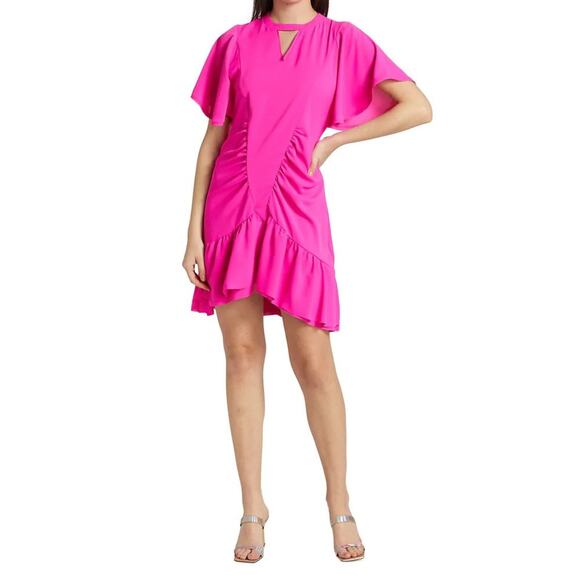 Le Superbe Waikiki Ruched Ruffle Mini Dress Keyhole Neck Flutter Sleeve Pink 2 - Picture 1 of 16